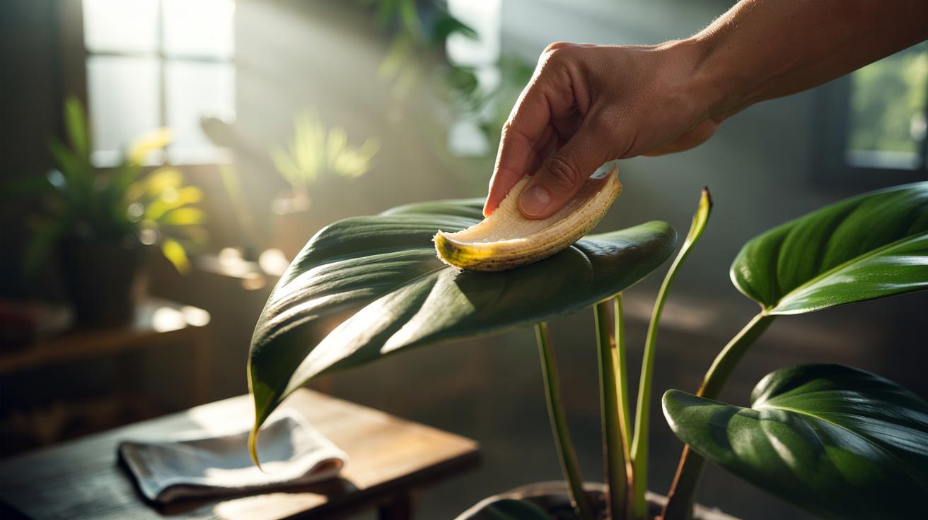 Illustration of a hand using a banana peel to polish a houseplant leaf, restoring a vibrant natural sheen