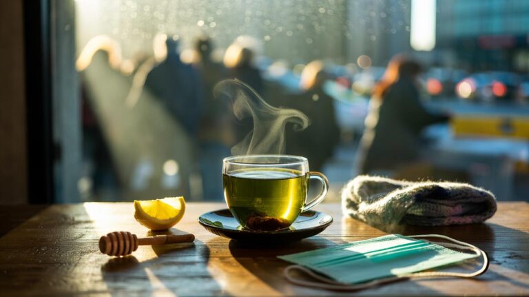 Illustration of a cup of green tea prepared on special days to help keep colds and flu at bay