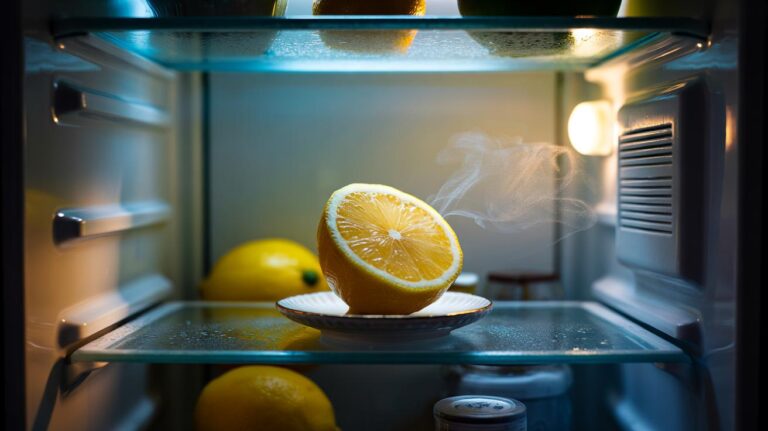 Illustration of a single lemon slice on a small saucer placed on a refrigerator shelf to neutralise odours