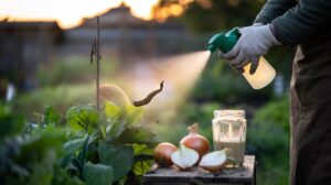 Illustration of a gardener spraying onion juice on garden plants at dusk to deter pests with natural sulfoxides