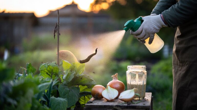 Illustration of a gardener spraying onion juice on garden plants at dusk to deter pests with natural sulfoxides