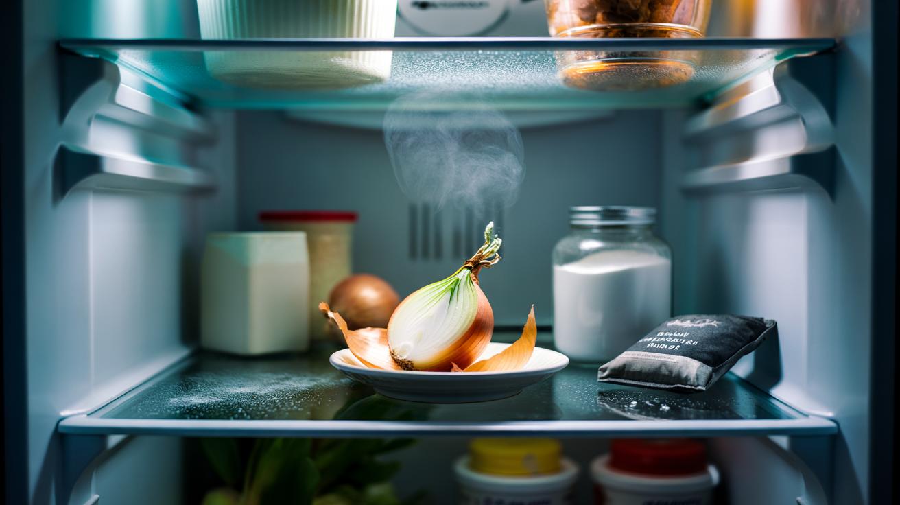 Illustration of an onion scrap on a saucer inside a fridge neutralising odours
