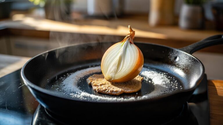 Illustration of a halved onion scrubbing a warm cast iron skillet with coarse salt to remove sticky residue.