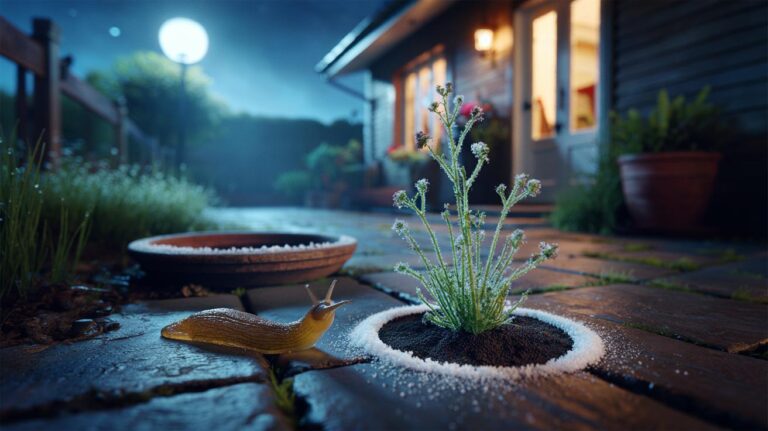 Illustration of salt granules applied overnight to weeds in patio cracks, dehydrating them and deterring slugs on a UK garden path