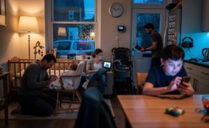 Illustration of the 2023 UK parenting debate over sleep training, gentle parenting, screen time, and discipline.