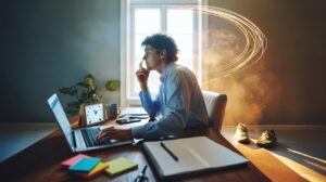 Illustration of a person taking a brief, intentional break from a tedious desk task to spark creativity