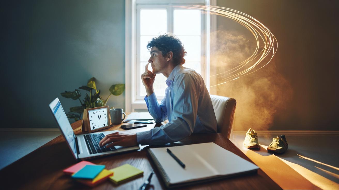 Illustration of a person taking a brief, intentional break from a tedious desk task to spark creativity