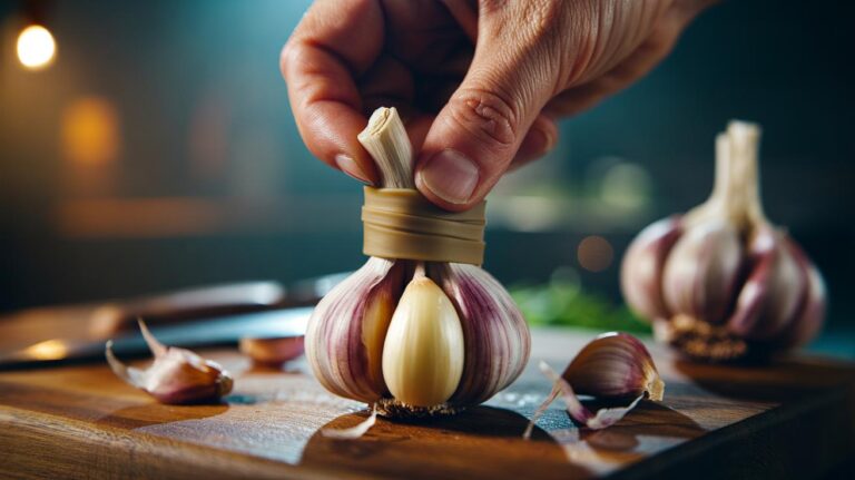 Illustration of a hand using a rubber band to peel the papery skin from a garlic clove