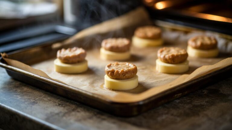 Illustration of a cookie dough ball placed on a single round slice of butter on a parchment-lined baking tray to create perfectly crisp, even edges.