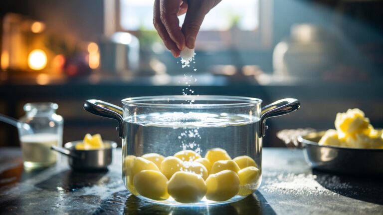 Illustration of a pot of potato chunks in cold water as salt is added early for perfect mashed potatoes