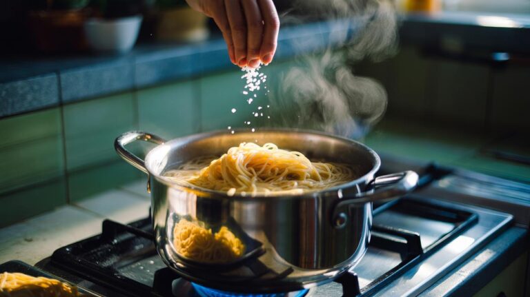 Illustration of salt being added to a boiling pot of pasta water to plump noodles rapidly