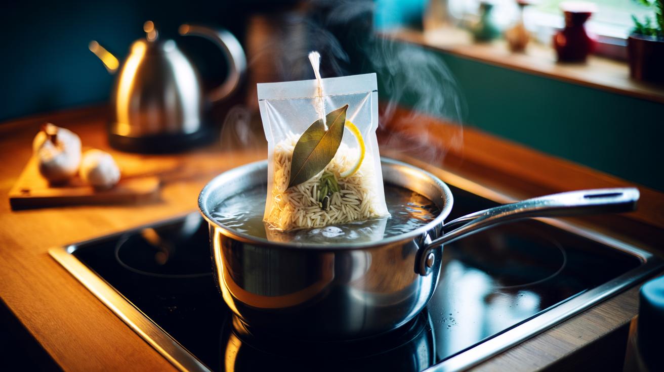 Illustration of a paper tea filter filled with rice submerged in a saucepan of boiling water