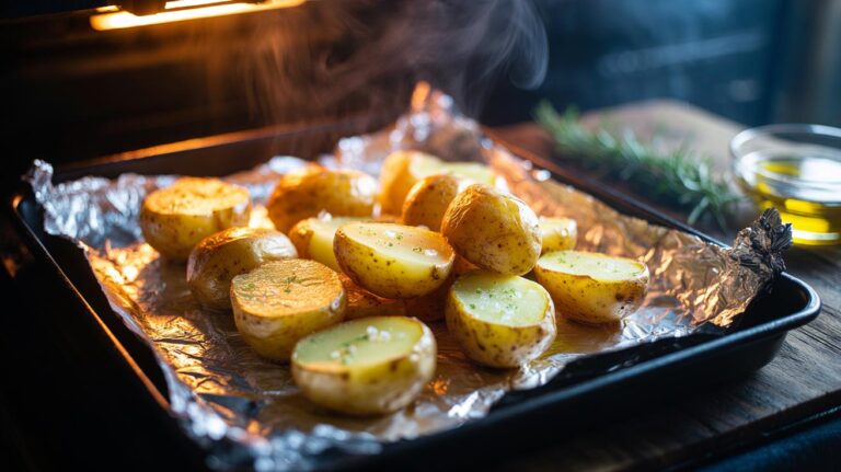 Illustration of perfectly crispy potatoes on crumpled foil, evenly browned in 10 minutes