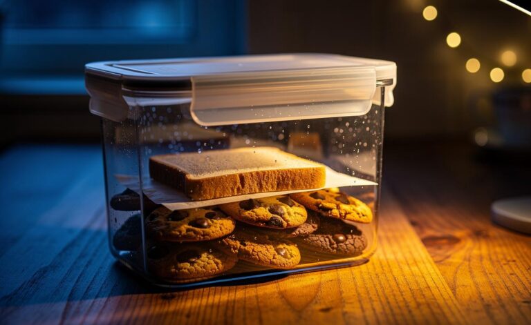 Illustration of [a slice of bread placed in a sealed container with stale cookies to revive their softness overnight]