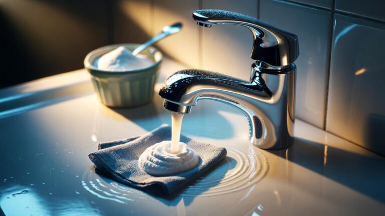 Illustration of a chrome tap being polished with baking soda using a damp microfibre cloth for a mirror finish in two minutes