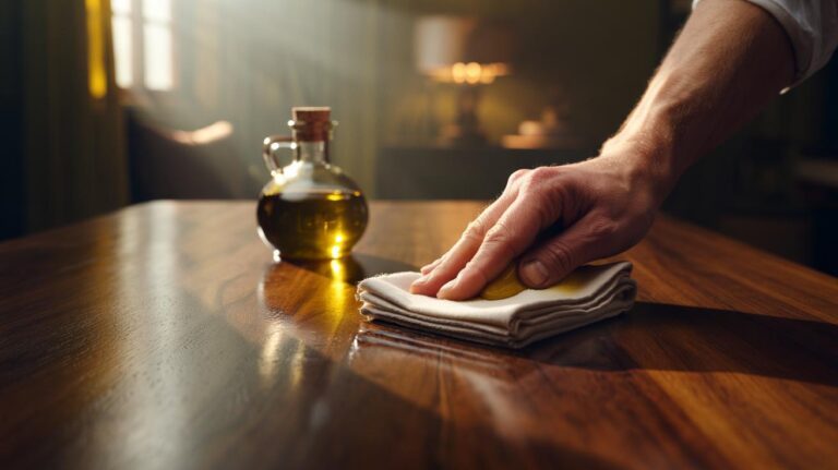 Illustration of polishing wooden furniture with olive oil to achieve a luxurious finish in seconds