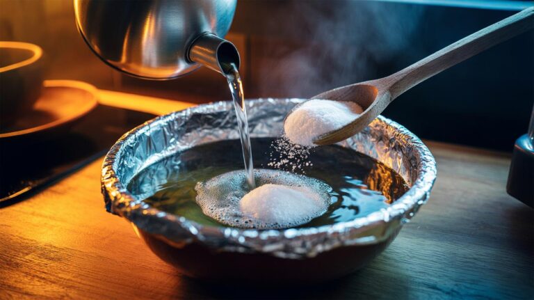 Illustration of polishing tarnished silver with baking soda and aluminum foil in a hot-water bath