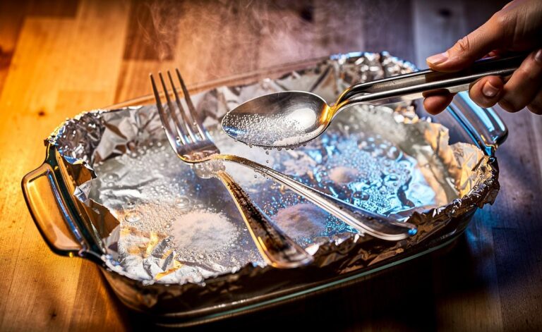 Illustration of polishing silverware with baking soda and aluminium foil to remove tarnish in five minutes
