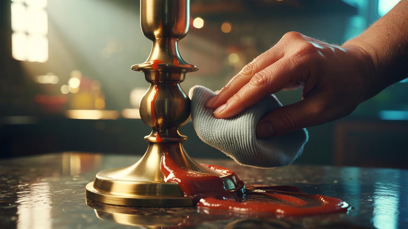 Illustration of tarnished brass being polished with ketchup, revealing a restored shine with minimal rubbing