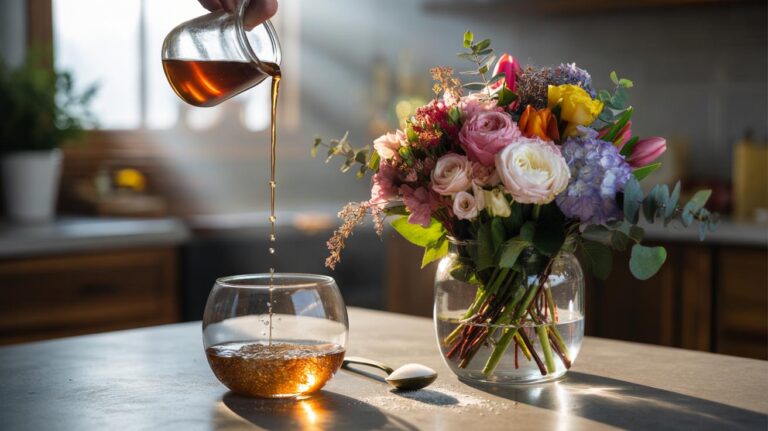 Illustration of a flower bouquet in a vase with apple cider vinegar added to the water to extend floral life by days