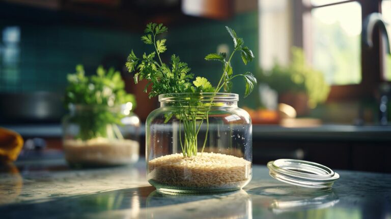 Illustration of fresh herbs stored upright in a jar on a shallow layer of uncooked rice to absorb moisture and prevent wilting