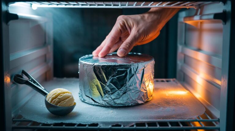 Illustration of aluminium foil pressed directly onto the surface of ice cream in a tub to maintain scoopable consistency and prevent freezer burn