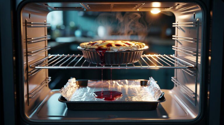 Illustration of strategic aluminium foil placement in an oven, with a foil-lined tray on the lower rack catching drips while leaving the oven floor and vents clear
