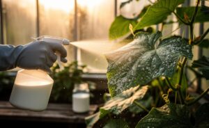 Illustration of a gardener spraying a diluted milk solution onto cucumber leaves to prevent powdery mildew via lactic acid.