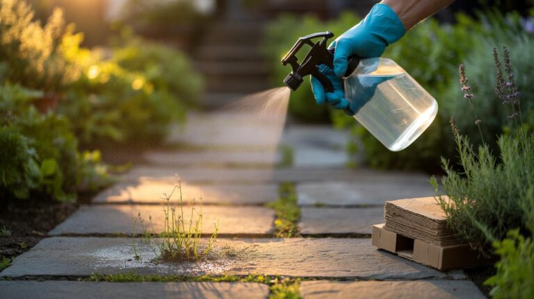 Illustration of a hand using a spray bottle of white vinegar to kill weeds emerging from patio paving cracks