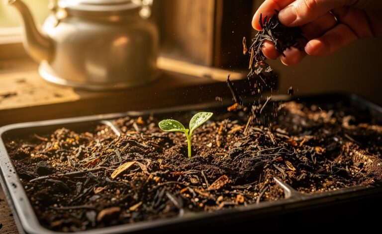 Illustration of used tea leaves mixed into seed-starting compost in seed trays to enhance soil structure and promote rapid seed germination