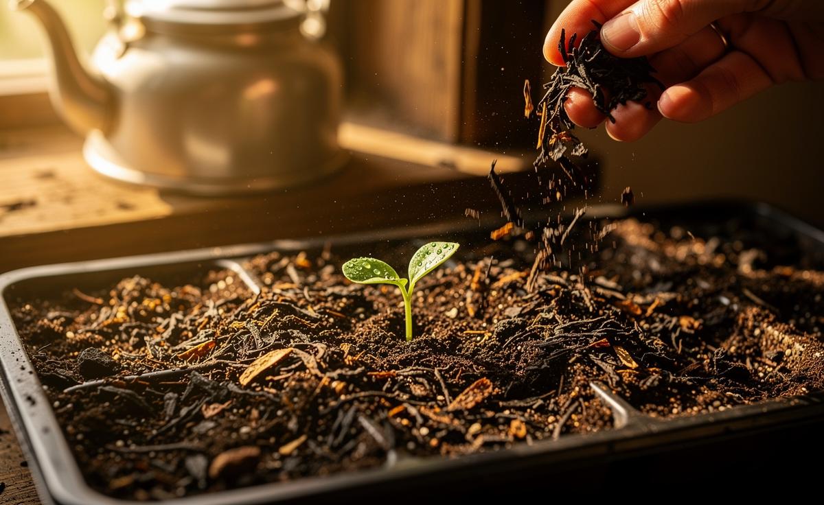 Illustration of used tea leaves mixed into seed-starting compost in seed trays to enhance soil structure and promote rapid seed germination