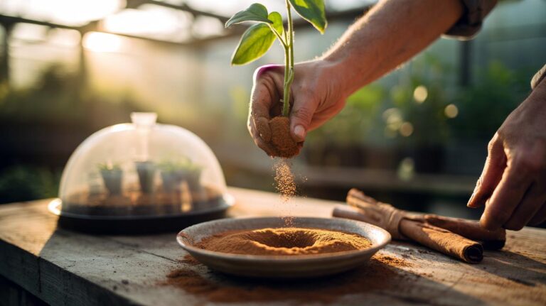Illustration of [using ground cinnamon to dust fresh plant cuttings before planting to promote clean, fast rooting]