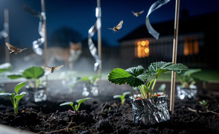 Illustration of garden plants protected with aluminium foil reflective wrap used overnight to deter pests