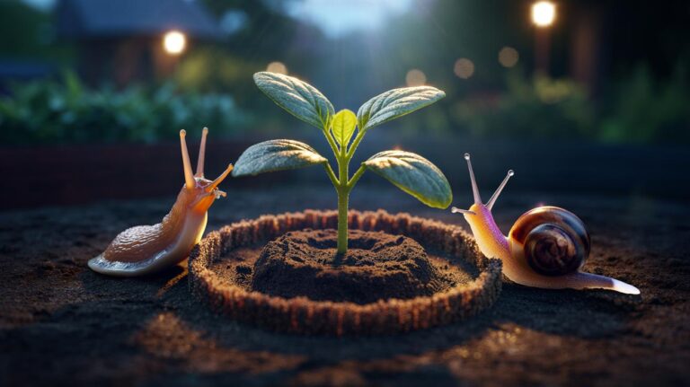 Illustration of used coffee grounds forming a ring around garden seedlings to deter slugs and snails overnight