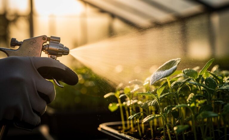 Illustration of a spray bottle applying diluted milk mist to young seedlings to ward off fungal disease