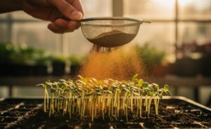 Illustration of cinnamon applied to seed-starting mix to protect seedlings from damping-off disease