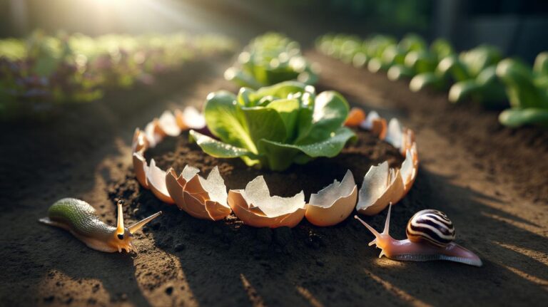 Illustration of crushed eggshells forming a protective ring around vegetable seedlings to deter slugs and snails
