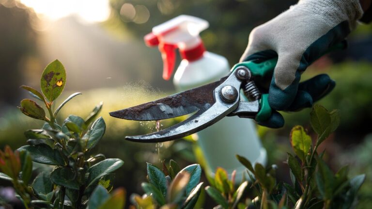 Illustration of a gardener wiping pruning shears with a dryer sheet between cuts to reduce disease spread on shrubs