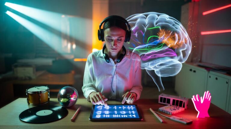 Illustration of psychologists curating an unexpected cross-genre playlist designed to trigger an instant mood lift