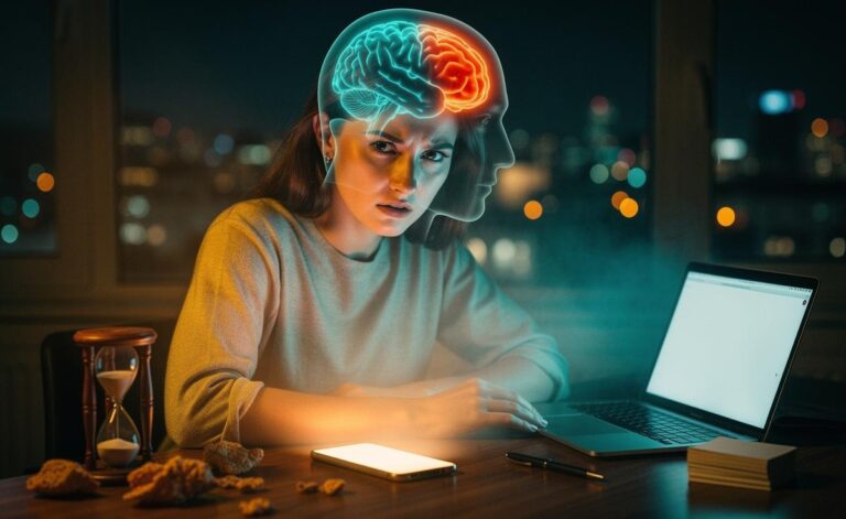 Illustration of the psychology of procrastination, highlighting present bias, emotion-driven avoidance, and the tension between immediate rewards and long-term goals