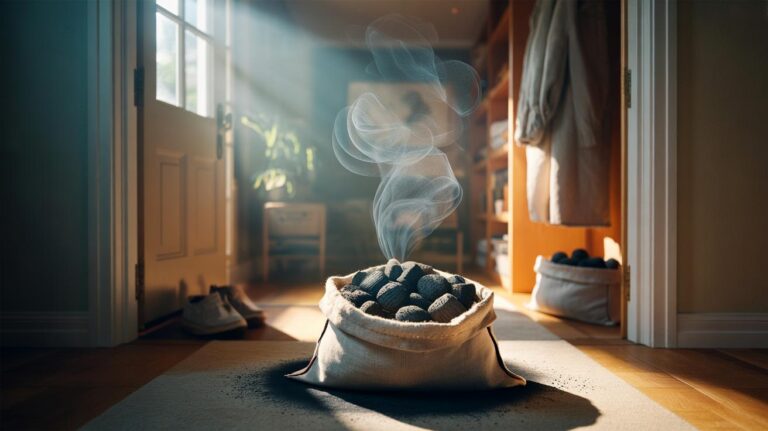 Illustration of charcoal briquettes in breathable fabric pouches placed around a home to purify air by adsorbing odours and VOCs