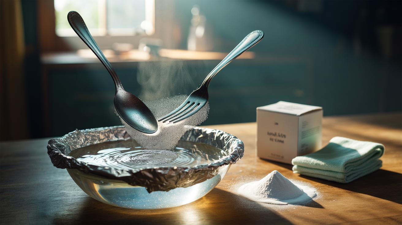 Illustration of an aluminium foil-lined basin with warm bicarbonate solution cleaning tarnished silverware through an electrochemical reaction.