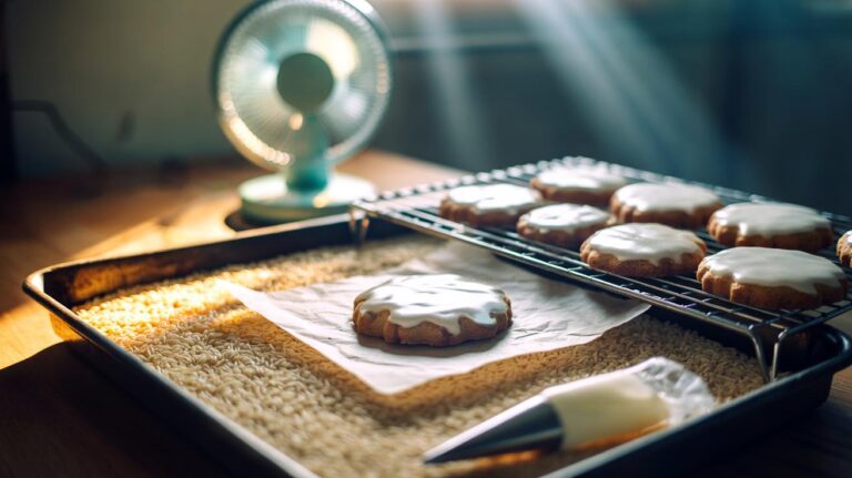 Illustration of a baking tray filled with dry rice used to quick-set royal icing on biscuits in under five minutes