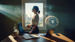 Illustration of a person performing a two-minute pattern interruption to reset focus, standing from a desk, gazing into the distance, breathing slowly, with a 2:00 timer and a minimal workspace