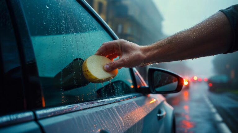 Illustration of a hand rubbing a potato slice on a car side mirror to prevent condensation