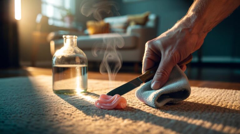 Illustration of warm white vinegar being applied with a microfibre cloth to soften and lift chewing gum from a carpet