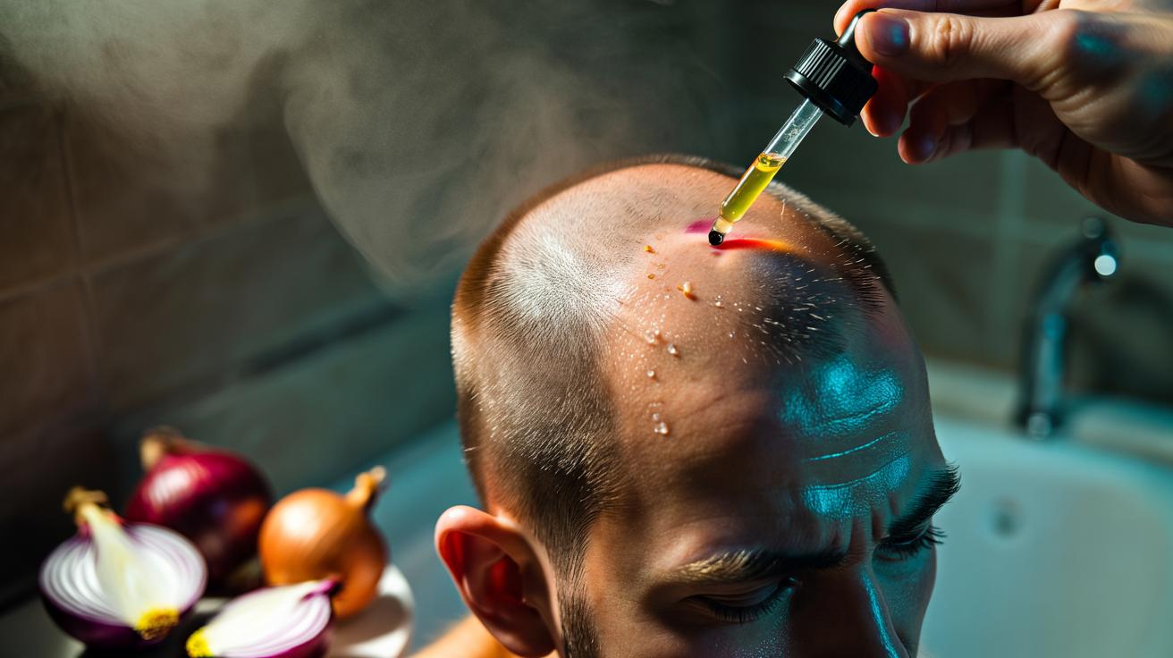 Illustration of a person applying raw onion juice to a bald patch on the scalp to stimulate hair follicles through sulphur