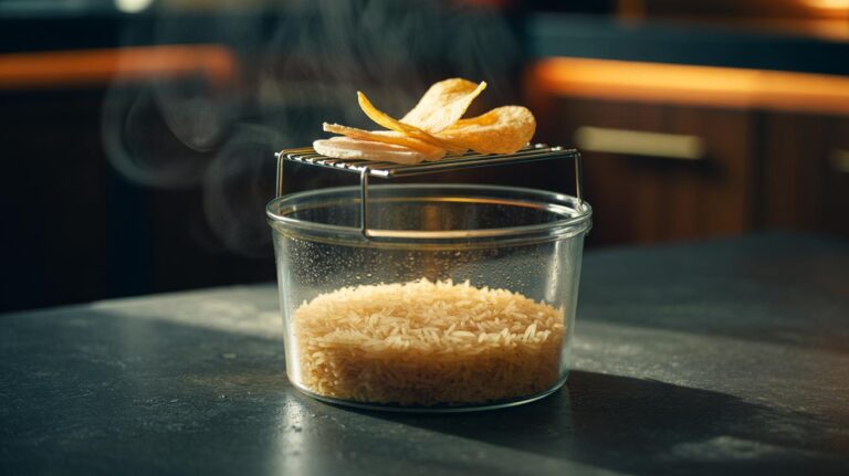Illustration of warm uncooked rice absorbing moisture to re-crisp soggy chips in 30 seconds