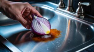Illustration of a hand rubbing a red onion slice on a rust stain on a stainless steel sink