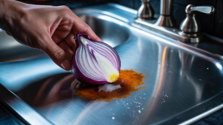 Illustration of a hand rubbing a red onion slice on a rust stain on a stainless steel sink